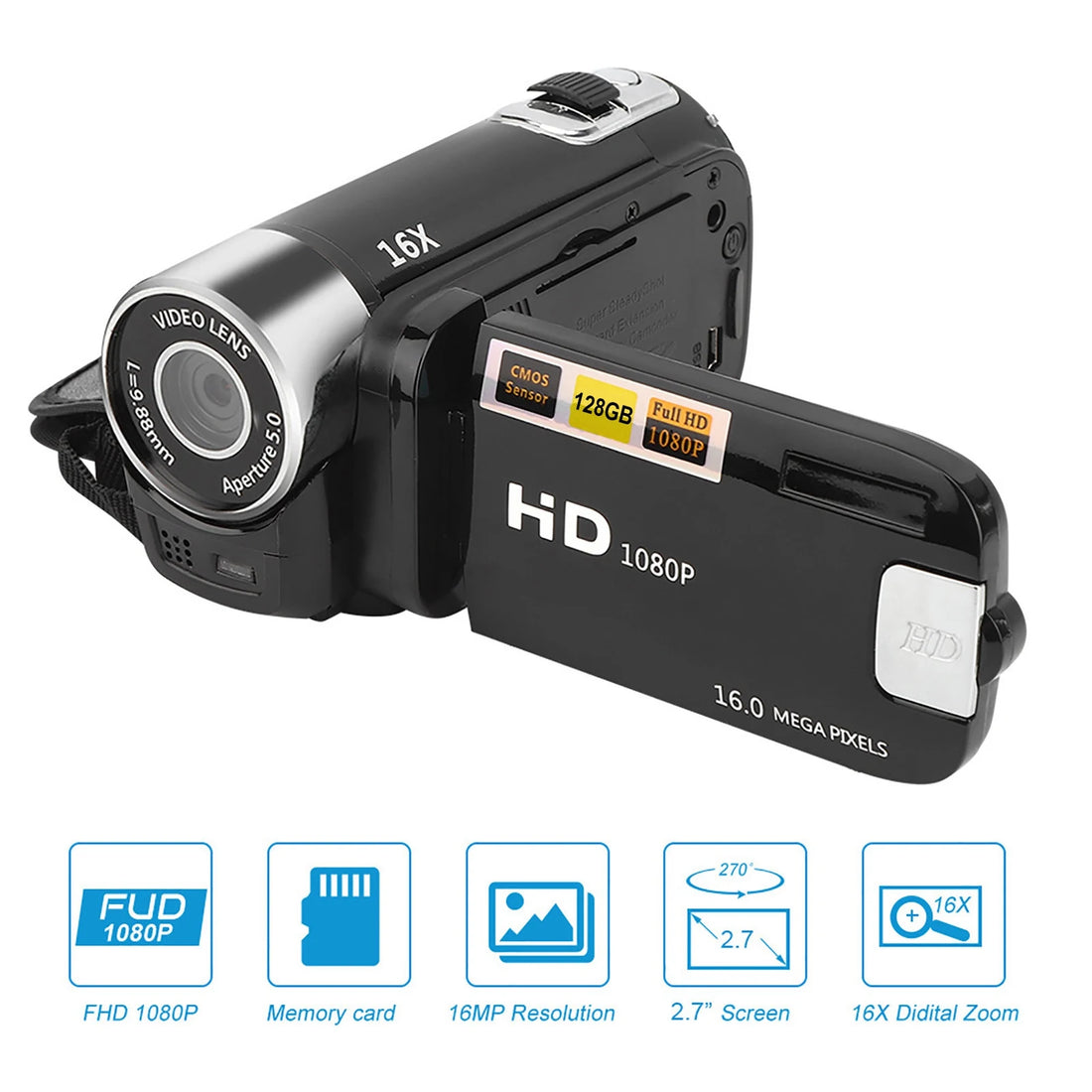 DV Camcorder DH‑90 16X Digital Zoom 2.7 Inch Colourful Display Screen High Definition Camera Image Video Shooting Camcorder