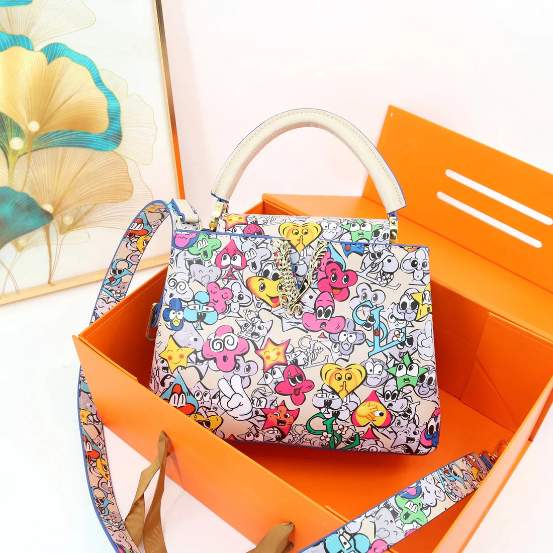 Women Bags Leather Purse Handbags Girl Shoulder Bags Crossbody Messenger Bag Female Totes V Style Art Classic Printed 2025
