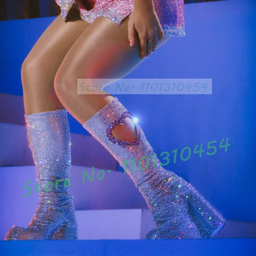Bling Crystals Platform Knee High Boots Women Sexy Heart-shape Hollow Glitter Long Boots Outfit Cool Novelty Chunky Heels Shoes