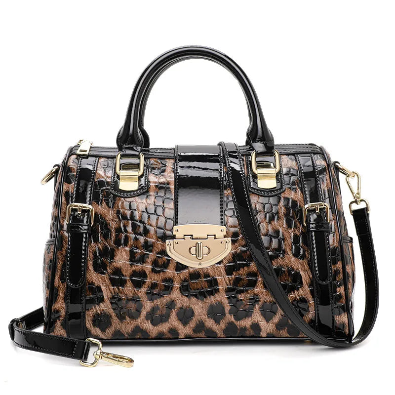 Leopard Handbag Leather Women's Bag Large Capacity Boston Bag Fashion Versatile Cowhide One Shoulder Crossbody Bag
