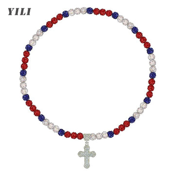 Bling Ice Collection Baseball Necklace for Boys Cross Pendant Necklace Colorful Rhinestone Beads Beaded Necklace for Men Women