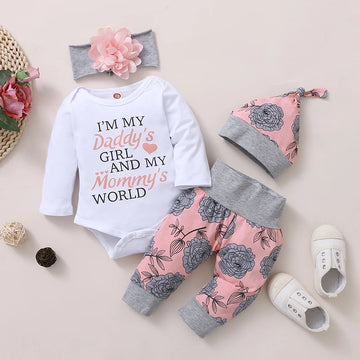 Newborn Baby Girl Clothing Long Sleeve Romper Rose Pant with Hat & Headband Spring 4PCS Outfit Toddler Girl Clothes