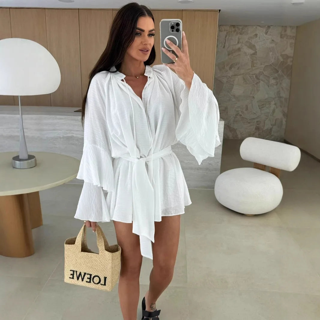 Elegant Fold Dress Women Brown Deep V-neck Long Sleeve Mini Dresses Female 2025 Spring Summer Fashion Loose Lady Vestidos