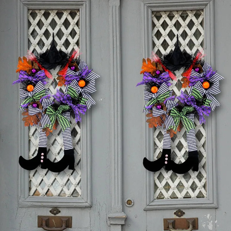 Halloween Decoration Witch Hat Long Legs Pumpkin Wreath Door Hanging Haunted House Horror Wreath Decorative Pendant Props