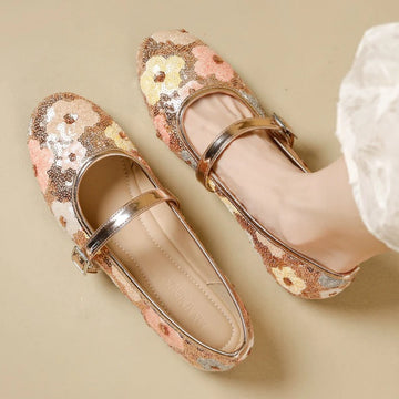 Luxury Bling Ballet Flats Women Round Toe Colorful Floral Buckle Design Mary Jane Shoes Elegant Party Shoes Comfort Flat Sandals