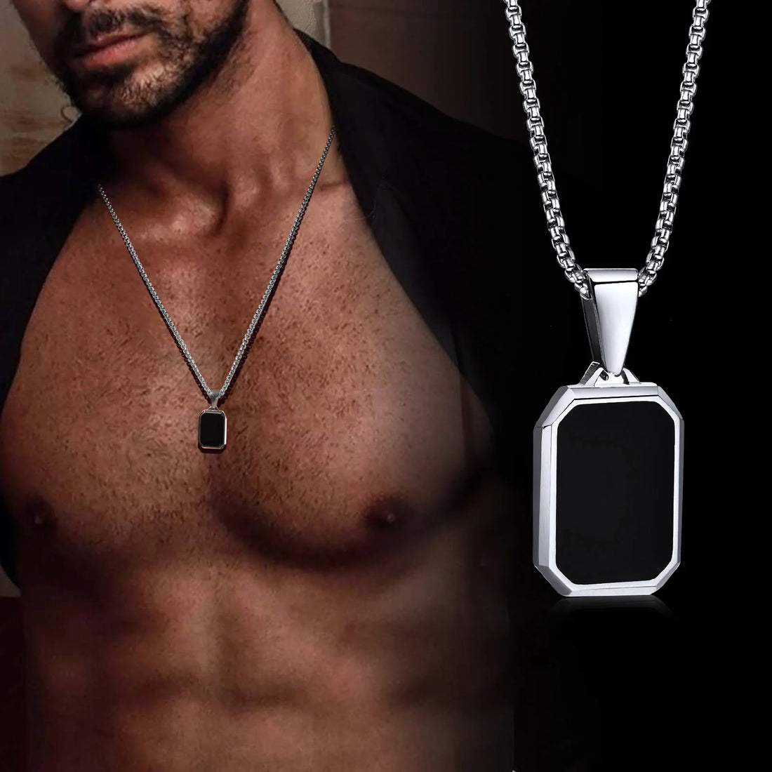 Vnox Simple Geometric Pendant Necklaces For Men Women, Stainless Steel Rectangle Pendant, Natural Stone Collar With Box Chain