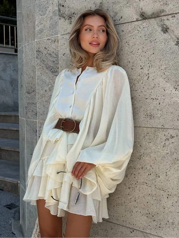 2025 Summer Women Chic Mini Dress Single Breasted Layered Ruffle O-neck Lantern Sleeves Party Dresses Elegant Lady Short Vestido