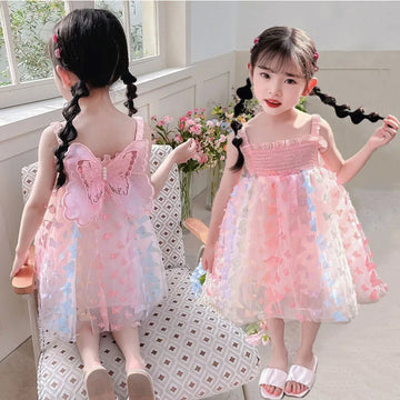 Stereoscopic Big Butterfly Decoration Gauze Cotton Sling Dress Kids Girs Vestido Summer Princess Christmas Birthday Party Dress