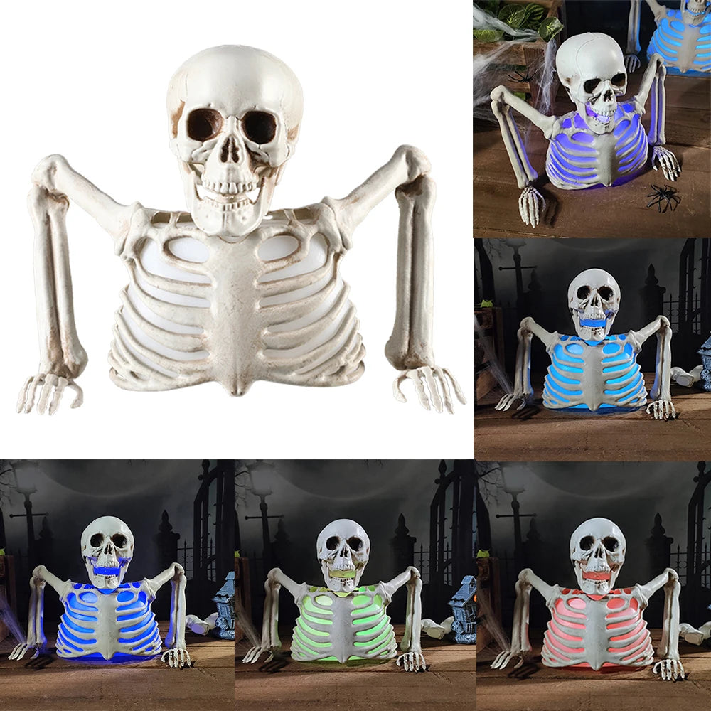 Halloween Horror Glowing Skull Realistic Plastic Skeleton Halloween Party Home Outdoor Yard Haunted House Scary Props Decoration