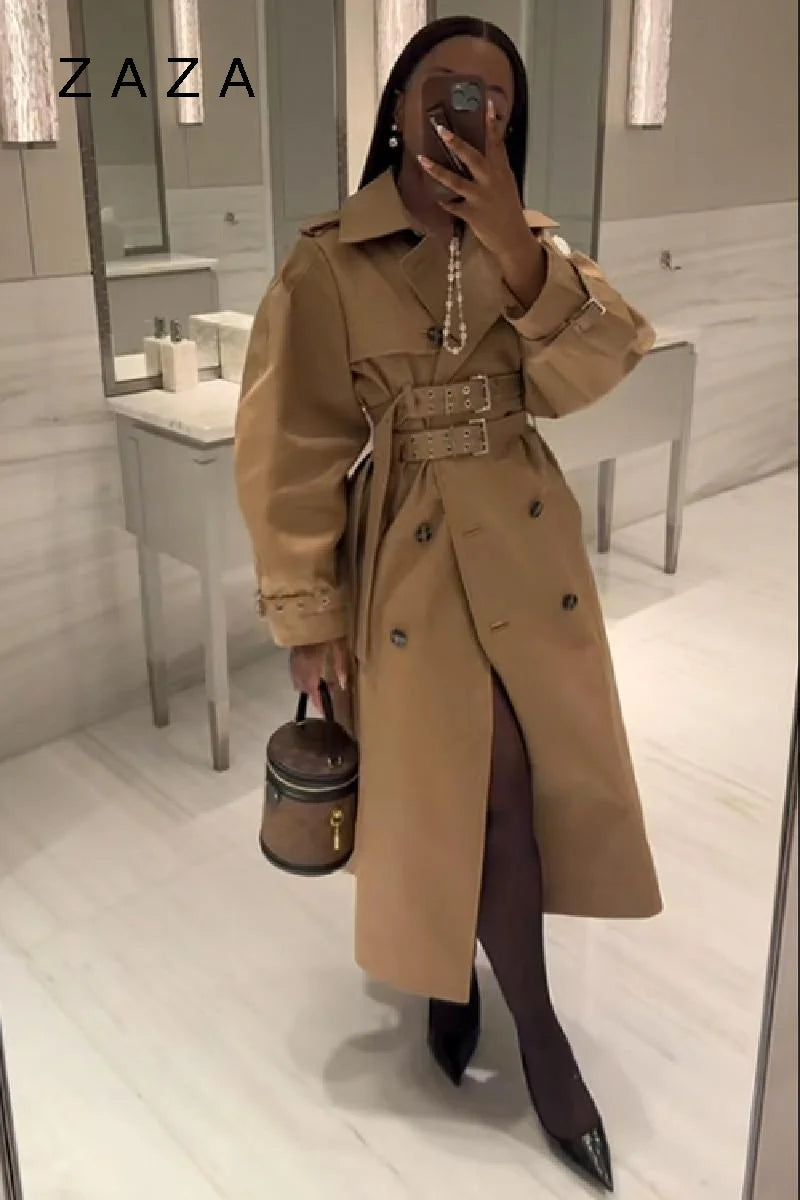 Women's Autumn Punk Long Trench Coat Bat Sleeve Double Breasted Jackets Slim Fit Hooded Crop Coat With Belt 2025 New Lady Coats