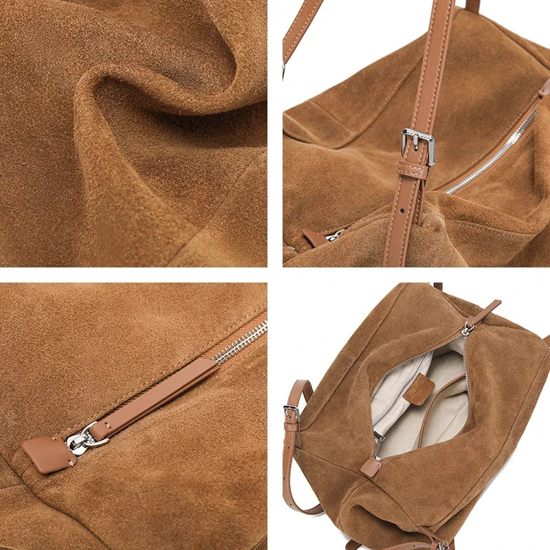 Women's Suede Genuine Leather Shoulder Bags Ladies Soft Cowhide Crossbody Solid Bag Female Design Luxury Lazy Commuter Handbag