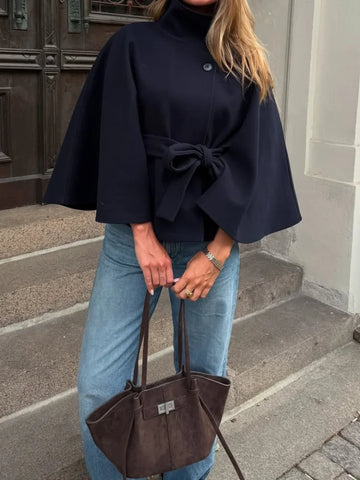 Elegant Wool Blend Cropped Coat With Belt For Women Chic Stand Collar Button Three Quarter Sleeve Jacket 2025 Autumn Outerwear