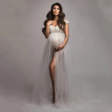 Maternity  Lace Off-Shoulder Bodysuit for Photoshoot with Tulle Long Sides Slit Tail Women