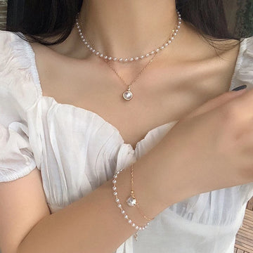Women's Fashion Jewelry Set Elegant Imitation Pearl Bracelet Necklace Set Double Layer Design Everyday Party Jewelry Gift