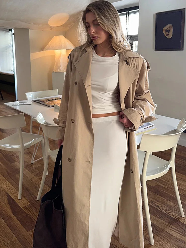 Solid Lapel Belted Waist Women Trench Coat Double Breasted Long Sleeve 2025 Autumn Elegant Maxi Overcoat Chic Lady Outerwear