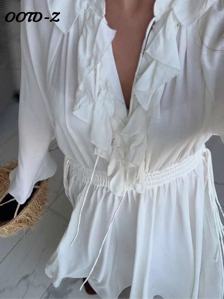 Elegant Beach Boho Long Dress Women Ruffle V-neck Full Flare Sleeves Loose Dresses Female 2025 Summer Lady Vacation Robes