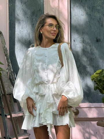 2025 Summer Women Chic Mini Dress Single Breasted Layered Ruffle O-neck Lantern Sleeves Party Dresses Elegant Lady Short Vestido