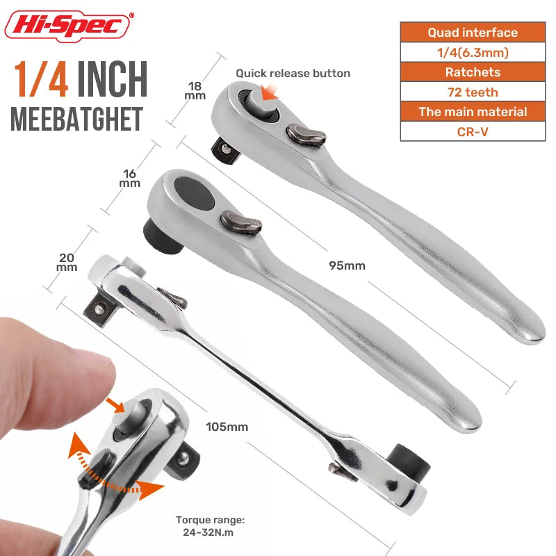 Hi-Spec 72 Teeth Mini 1/4 inch Double Ended Quick Socket Ratchet Wrench Socket Screwdriver Bit Driver Quick Release Hand Tools