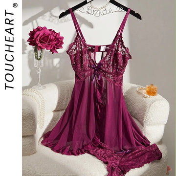 Toucheart Contrast Lace Nightgown Deep V Backless Bow Slip Dress Women Sexy See-Through Slit Lace Pajama 2-Piece Set With Thong
