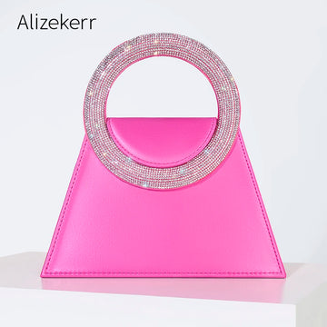 Bling Rhinestone Satin Handbags Women 2023 Elegant Boutique Round Crystal Handle Trapezoid Evening Clutch Purses Wedding Party