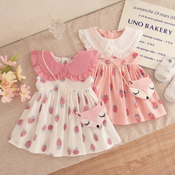 (0-3 Year Old Baby Girl Dress) Summer New Sweet Pink Strawberry Children'S Sleeveless Clothes With Fox Pendant As A Gift