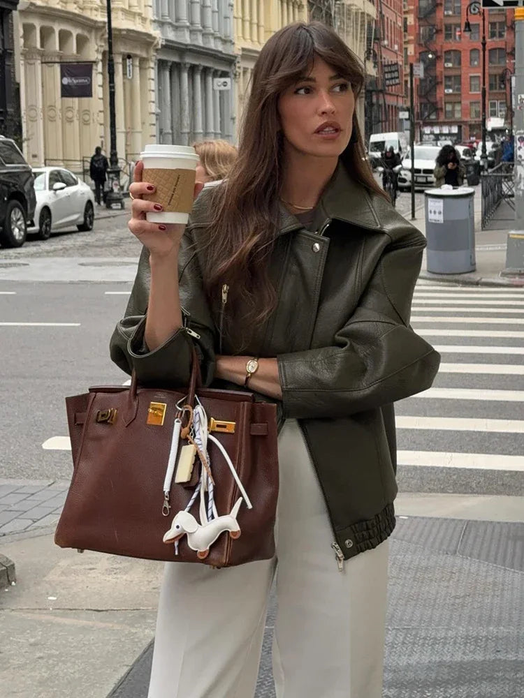 Army Green Pu Leather Bomber Jacket Women Vintage Loose Long Sleeve Zipper Pockets Coat Lady Daily Street Outerwears 2025 New
