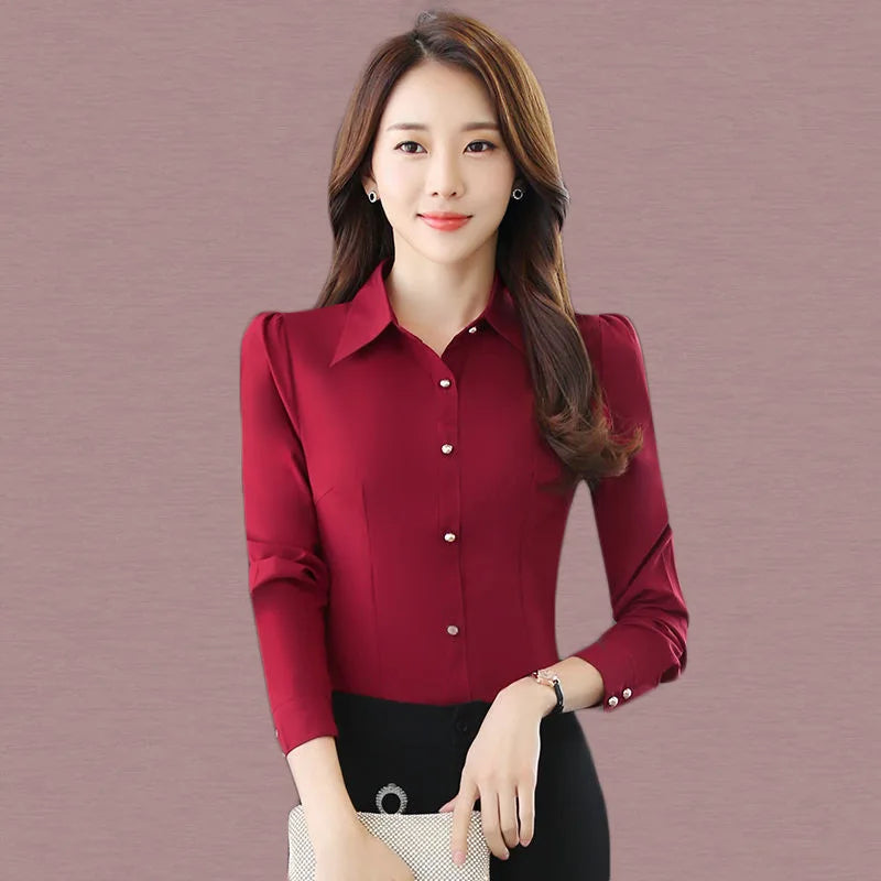 Red Women's Shirt Long Sleeve Blouse Autumn Women Shirts and Blouses Korean Fashion Slim Business Dress Shirt Women's Work Shirt