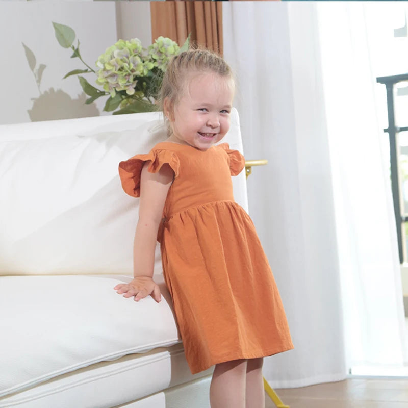 2025 Summer Kids Clothes Baby Girls Dress Short Sleeve Linen Cotton Princess Skirt Party Dresses For 9M-6Y Toddlers