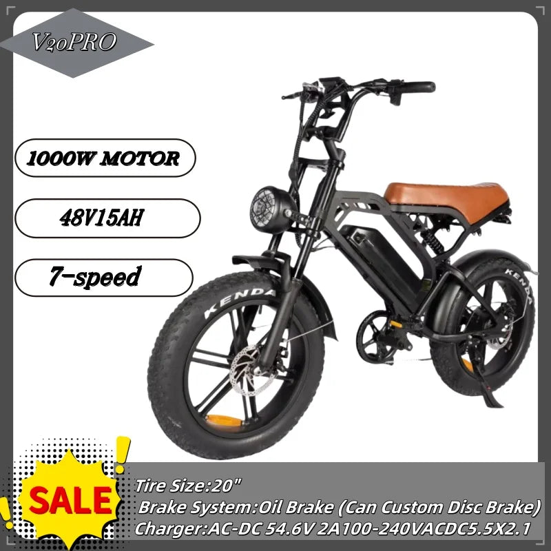 V20PRO electric bicycle have 1000W 48V15AH Battery and Urban Off-Road Riding for E bike and Beach Off-Road Riding electric bike