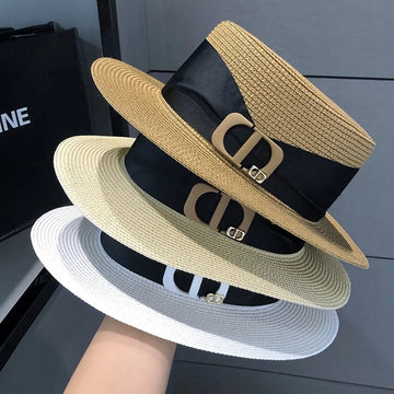 Summer Women's Law Test Flat Top Straw Hat Travel Seaside Vacation Sunshade Sunscreen Hat Casual Versatile Straw Sun Hat