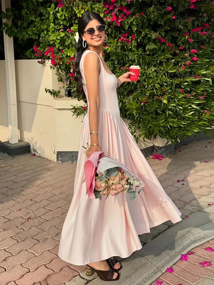 Solid Color Slim Camisole Dress Woman Pleated Square Neck Sleeveless A-Line Long Dresses Elegant Women's Casual Street New Robe