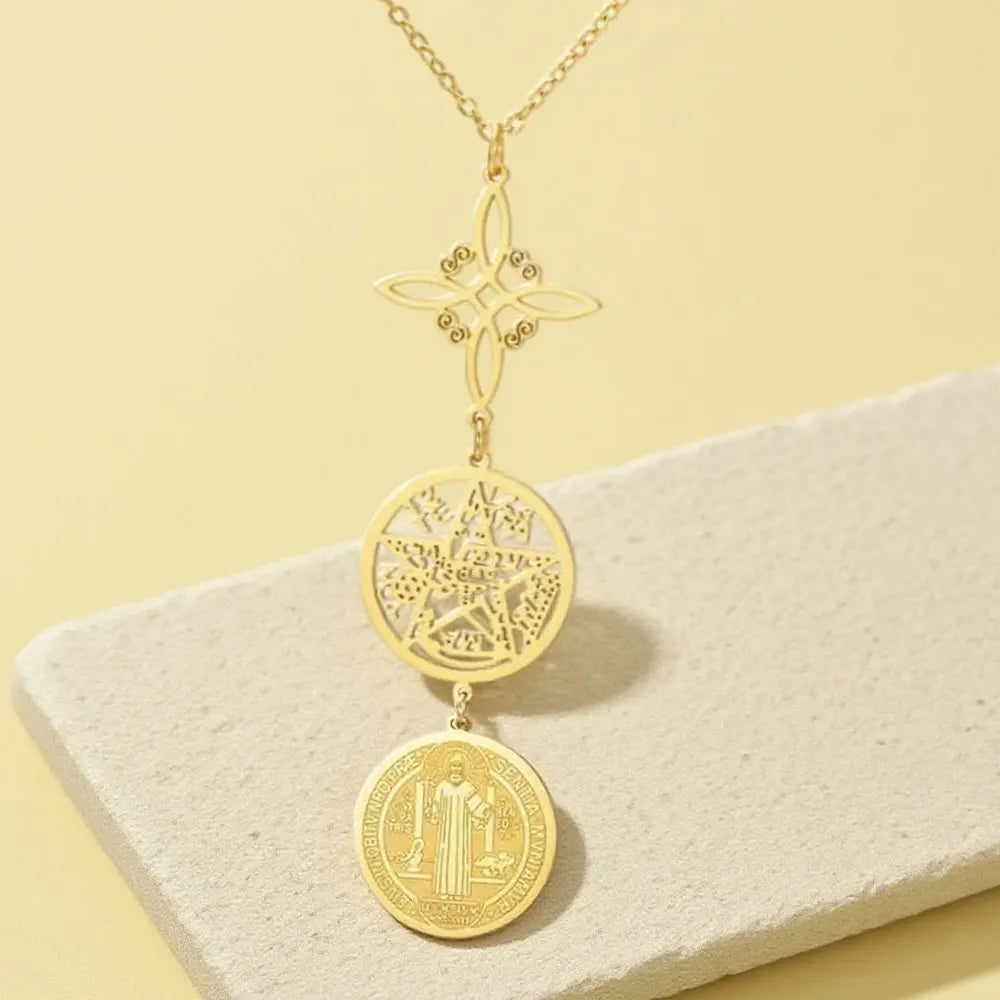 Triple Protection Necklace With Witch Knot Pentagram Tetragrammaton St. Benedict Stainless Steel Spiritual Symbol Amulet Jewerly