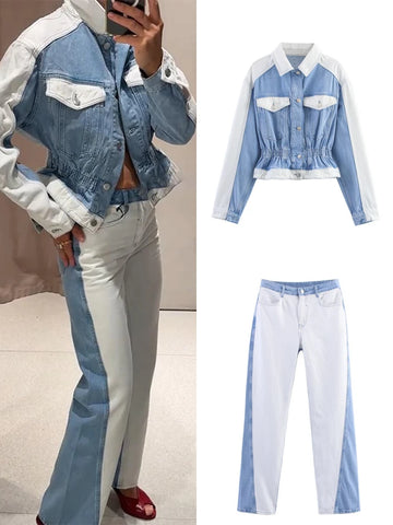 Street Denim Panelled Slim Women 2 Pcs Suits Lapel Long Sleeve Single Breasted Coats Straight Pants New Early Autumn Lady Outfit