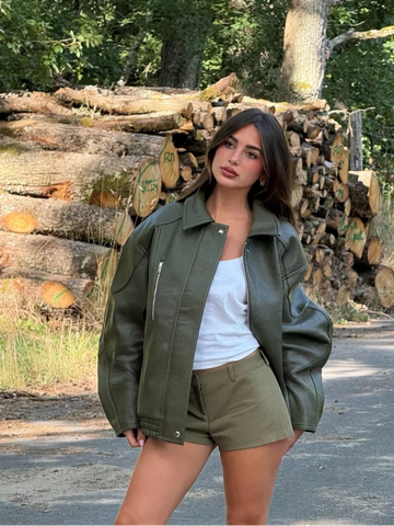Army Green Pu Leather Bomber Jacket Women Vintage Loose Long Sleeve Zipper Pockets Coat Lady Daily Street Outerwears 2025 New