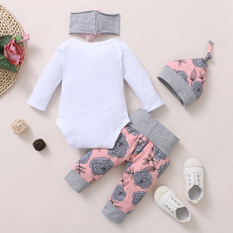 Newborn Baby Girl Clothing Long Sleeve Romper Rose Pant with Hat & Headband Spring 4PCS Outfit Toddler Girl Clothes