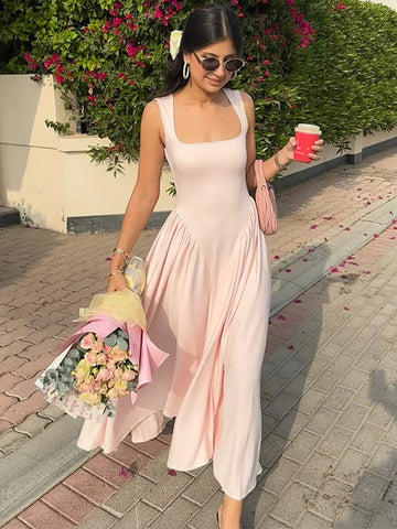 Solid Color Slim Camisole Dress Woman Pleated Square Neck Sleeveless A-Line Long Dresses Elegant Women's Casual Street New Robe