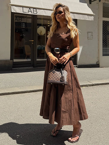 Fashion Solid Sleeveless Dresses with Belt Chic Women's Square Collar A line Midi Dress Summer New Female High Waist Robe Street