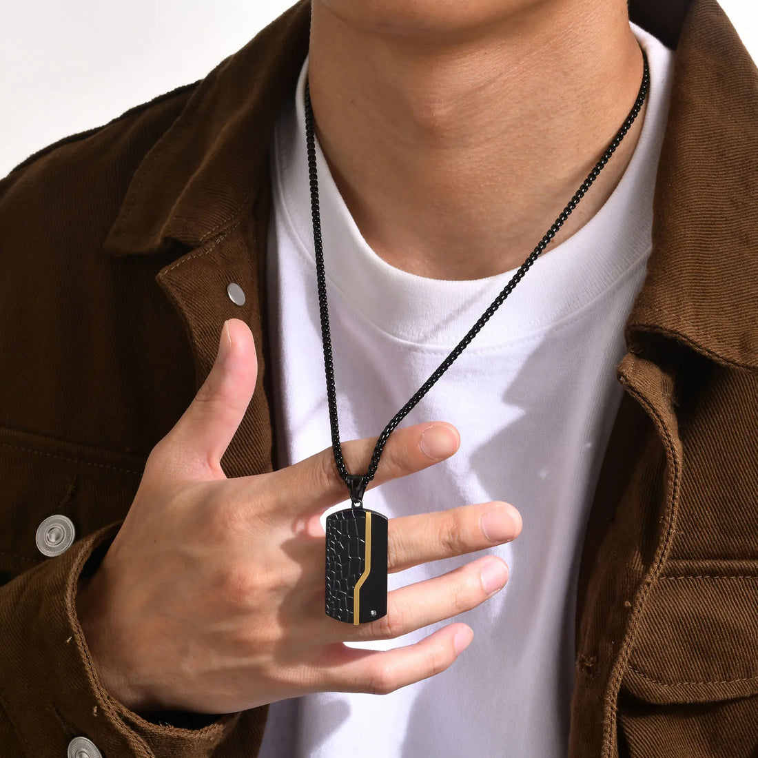 Vnox Men's Iced Out Dog Tag Necklaces, Rock Punk Black and Gold Color Stainless Steel Geometric Pendant Collar, Gifts for Him