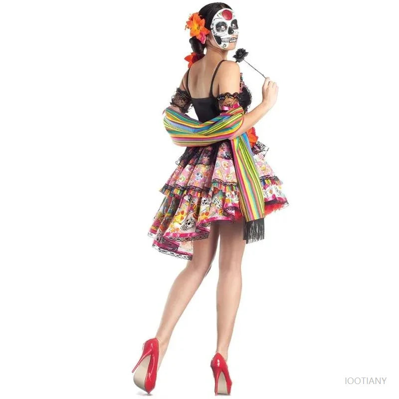 Halloween Day Of The Dead Sexy Sugar Skull Skeleton Flower Fairy Ghost Bride Cosplay Costume Masquerade Horror Vampire Witch