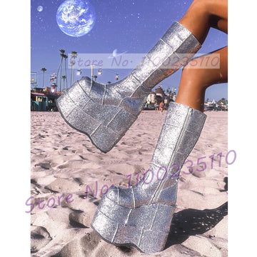 Bling Platform Wedges High Boots Women Chic Sequine Silver Glitter Boots Height Increasing Winter Ladies Luxury High Heels Boots