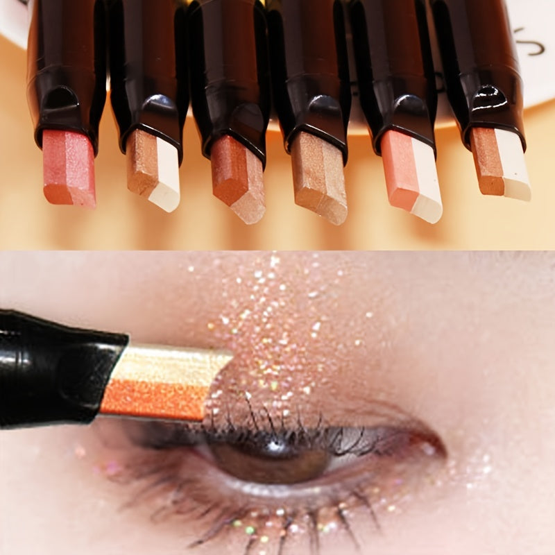 Gradient Two Tone Eyeshadow Stick, Eye Brightening Pearly & Glitter Earth Brown Color Tone, Smudge Proof Lazy Eyeshadow Stick Contains Plant Squalane Formula