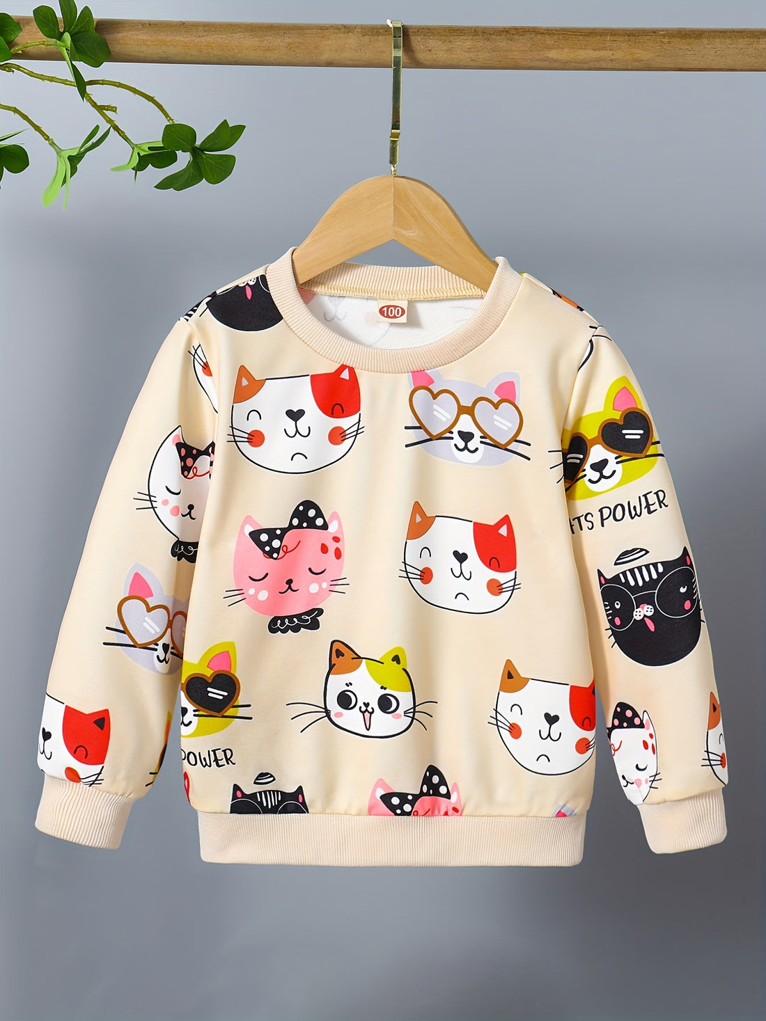 HWMFSNHFZ Girls' Lightweight Long Sleeve Cartoon Cat Print Sweatshirt - Soft Pink Crew Neck Casual Pullover for Spring & Fall, All-Season Comfort, Cute Sweaters