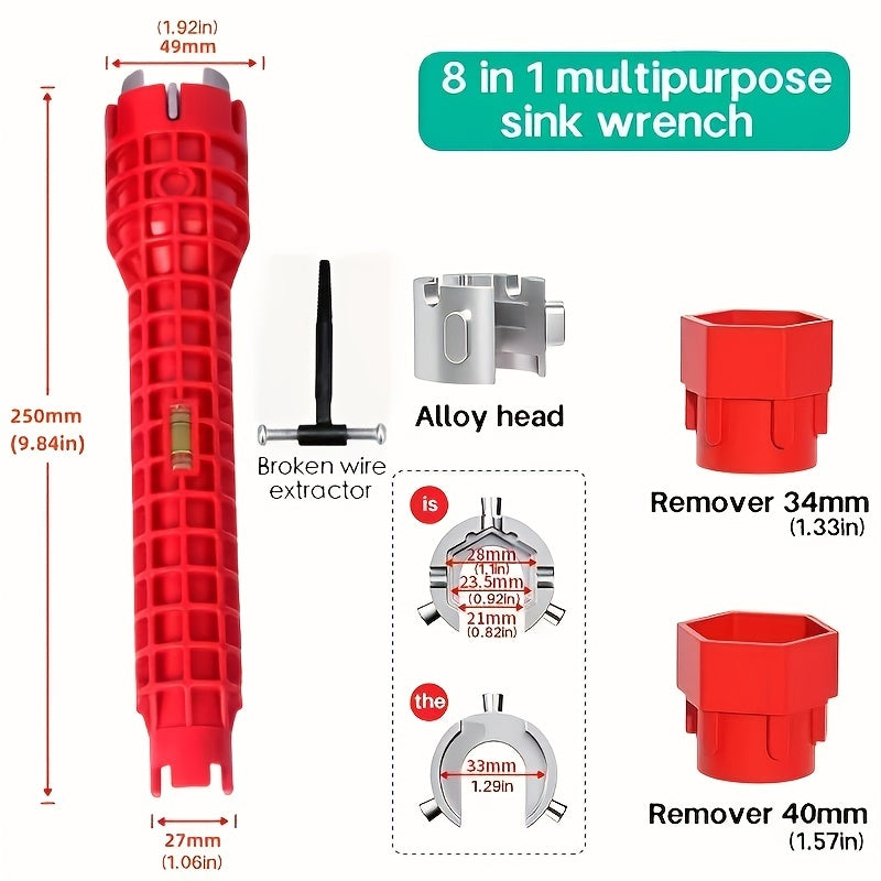 Versatile 8-in-1 Red Aluminum Multifunctional Sink Wrench - Durable Rubber Grip Handle for Easy Bathroom Installation & Repair