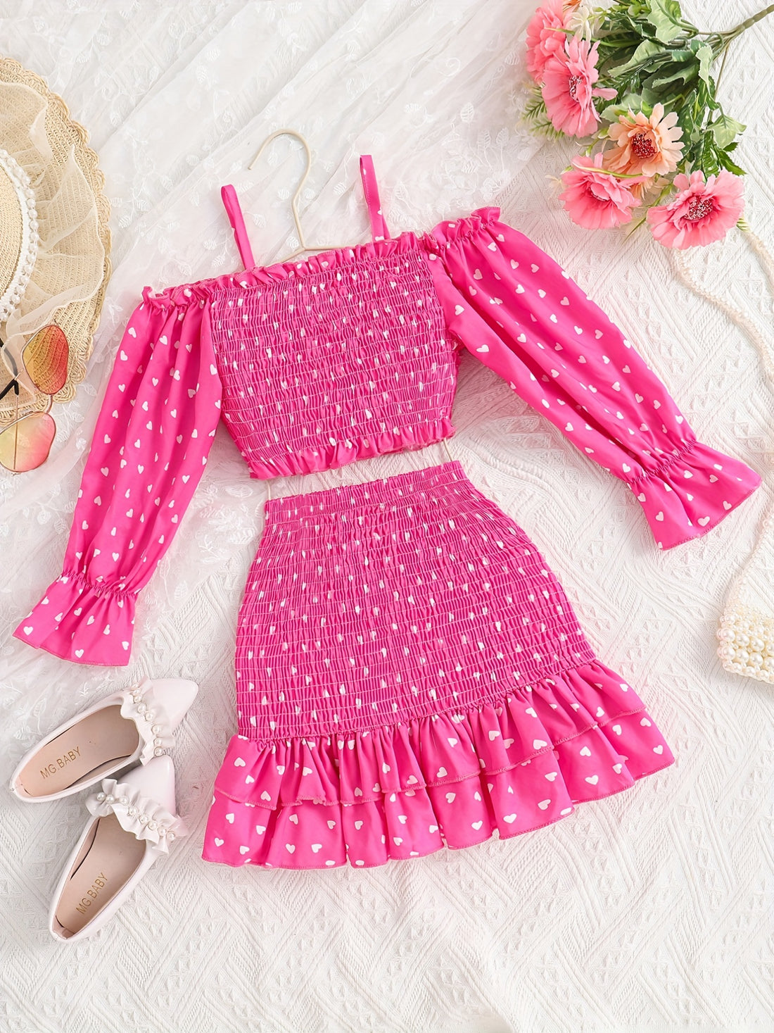 2pcs Cute Girls Polka Dot Heart Graphic Cold Shoulder Top & Layered Hem Skirt Set - Perfect for Summer!
