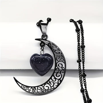 Black Color Stainless Steel Natural Stone Charm Necklace Women Moon Heart Necklace Jewelry Acero Inoxidable Joyeria