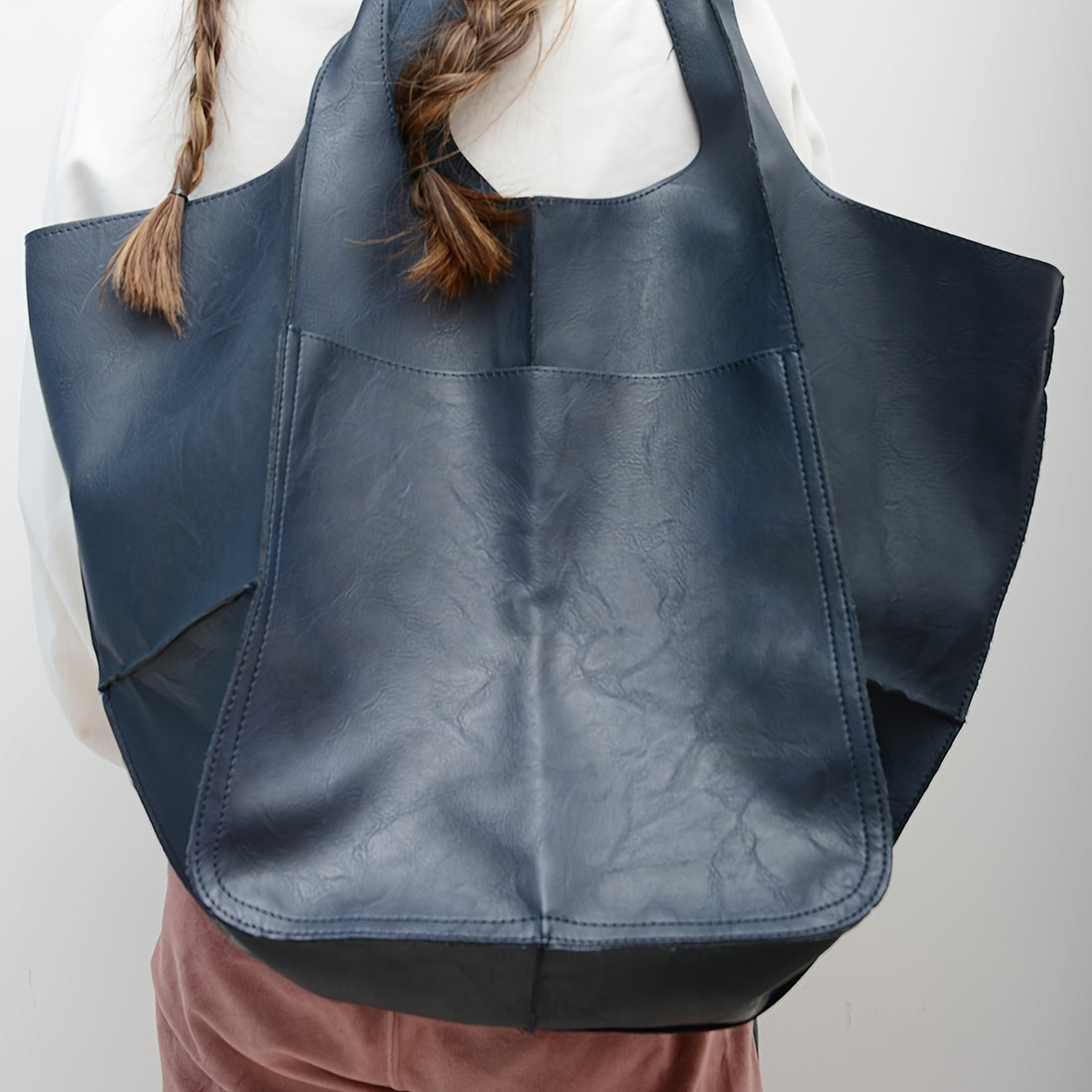 1pc Retro Handmade Large Beach Tote Bag, High Capacity Zipper Shoulder Sling Bag with Fixed Straps, Solid Color Multifunctional Synthetic Handbag for Women, Beach Accessory | Retro Style Bag | Sturdy Construction, Beach Bag