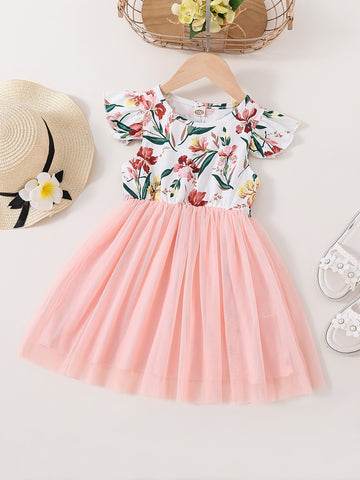 Girls' Floral dress - Floral print party & Everyday summer dress, Pastel pink Floral skirts, Machine Washable Girls' Clothing for Birthdays, Garden Parties, Family Outings - HWMFSNHFZ, Round Neckline Top, Nontransparent Fabri