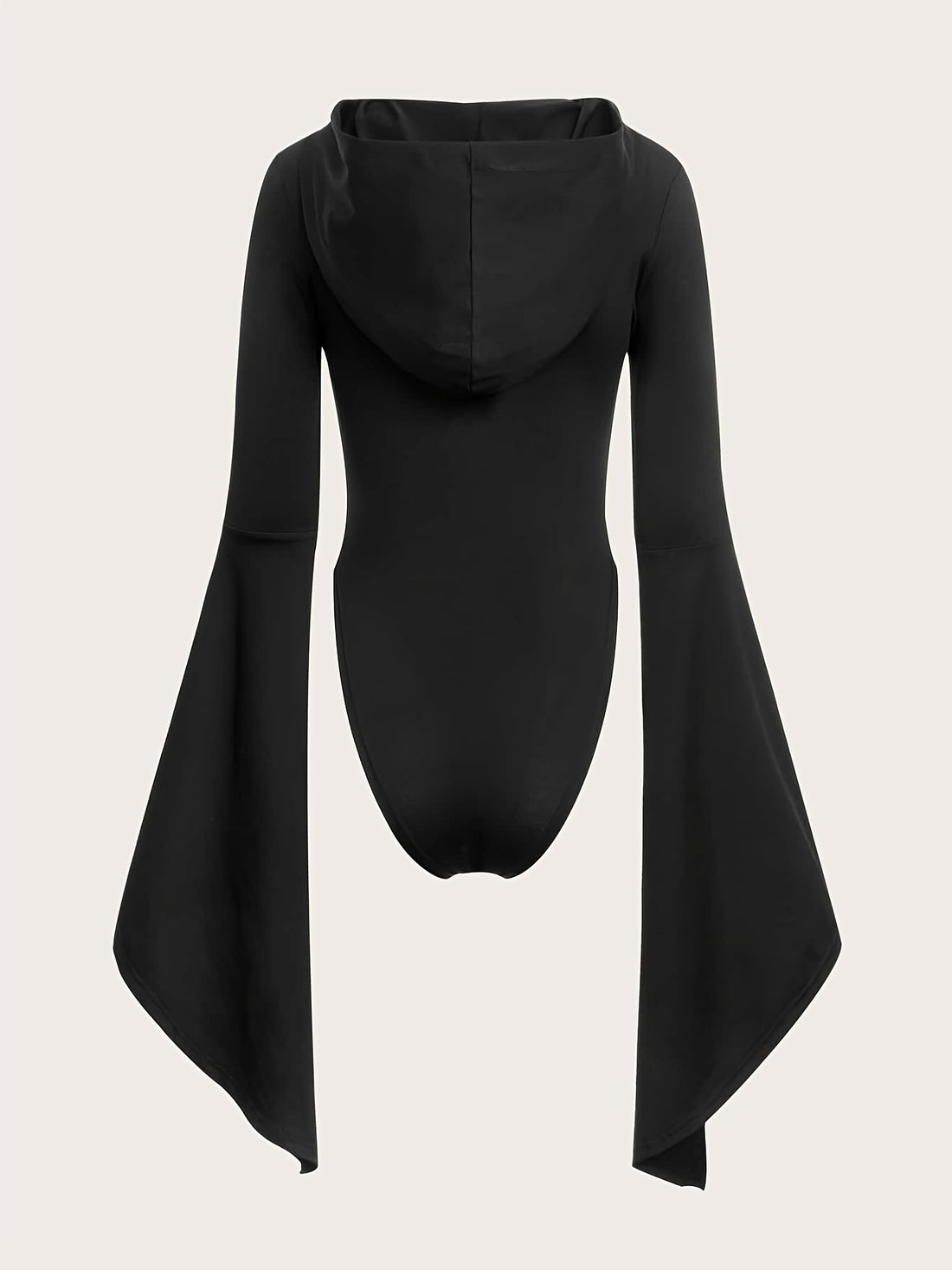 Gothic Drawstring Hooded Slim Bodysuit, Sexy Solid Flare Long Sleeve Waist Bodycon Skinny Hip Hop Punk Style Lace Up Long One Piece Bodysuit, Women's Clothing