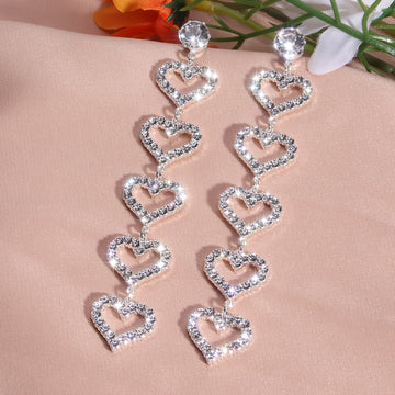 Vintage Elegant Silver Plated Heart-Shaped Ear Studs, Zinc Alloy, Rhinestones, Stainless Steel, with All Season and for Party, Wedding, Valentine'S Day