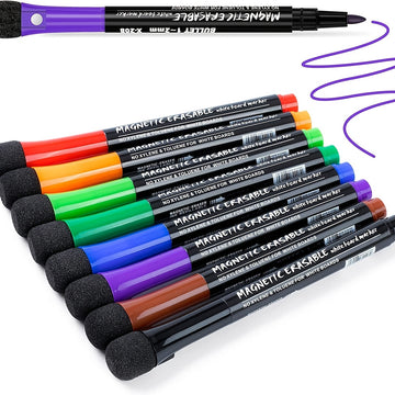 Fine Tip Dry Erase Markers 8pcs, Magnetic Dry Erase Markers With Eraser, Skinny Low Odor White Board Marker Pens Bullet Tip Fine Point Thin Dry Erase Markers For Office Supplies